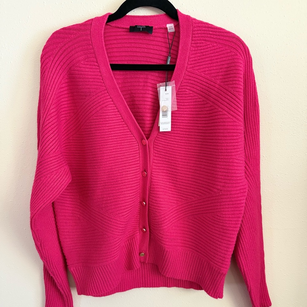 Tahari Fuchsia Ribbed Cardigan Sweater NWT Medium Pink V Neck